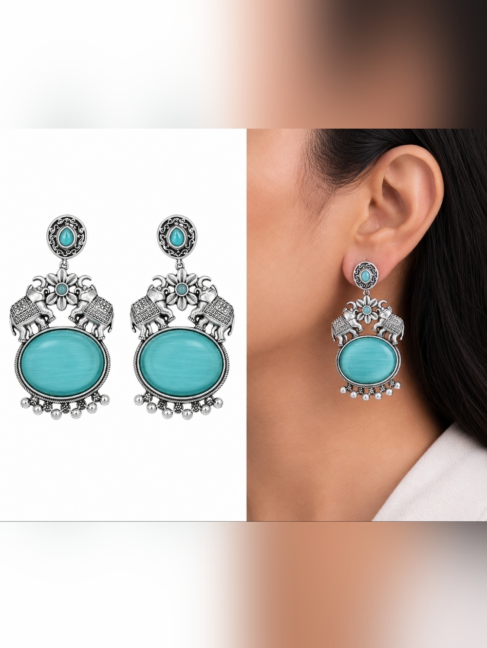 Turquoise Oval Drop Earrings with Elephant Motif - Women Jewelry